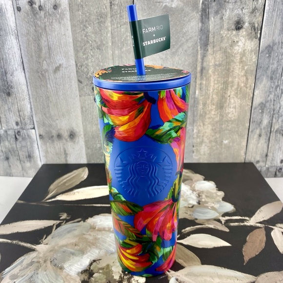 NWT Starbucks Farm Rio Limited Edition Blue Multicolor Banana Print Tumbler. - Picture 2 of 13